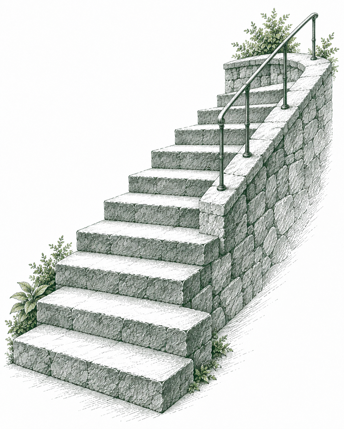 Dimensional forest-green ink illustration of a rising stone staircase