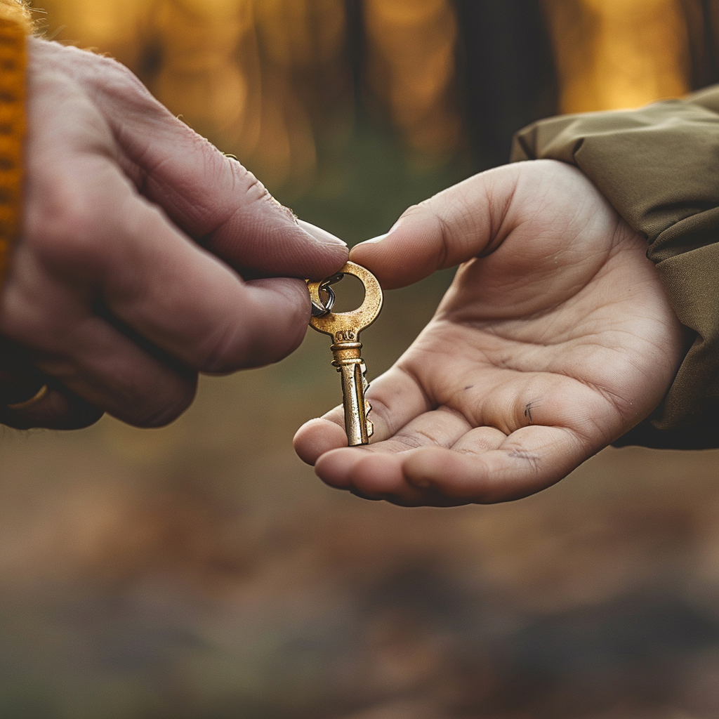 Two hands gently holding a brass vintage key together against a warm, autumn forest background, symbolizing the unlocking of a legacy of perpetual charitable giving through strategic gift financing.